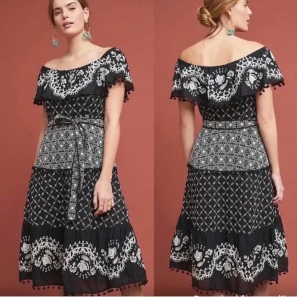 Anthropologie Women’s Marisol Black & White Off-Shoulder Embroidered Dress
